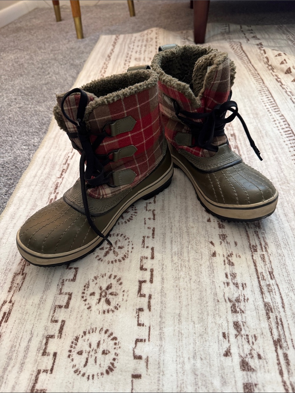 Sorel Women’s Olive Green and Red Plaid Flannel Waterproof Winter Boots